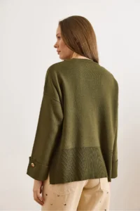 Olalook Women's Khaki Cufflinks Slit Knitwear Sweater - Image 2