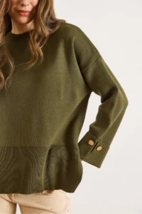 Olalook Women's Khaki Cufflinks Slit Knitwear Sweater - Image 3