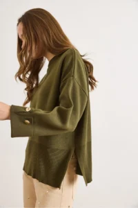 Olalook Women's Khaki Cufflinks Slit Knitwear Sweater - Image 4