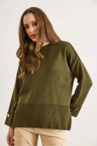 Olalook Women's Khaki Cufflinks Slit Knitwear Sweater - Image 6