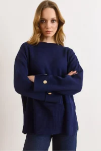 Olalook Women's Navy Blue Cufflinks Slit Knitwear Sweater