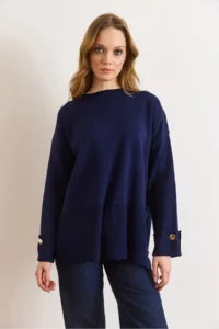 Olalook Women's Navy Blue Cufflinks Slit Knitwear Sweater - Image 2