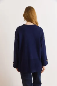 Olalook Women's Navy Blue Cufflinks Slit Knitwear Sweater - Image 3