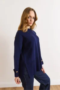 Olalook Women's Navy Blue Cufflinks Slit Knitwear Sweater - Image 4