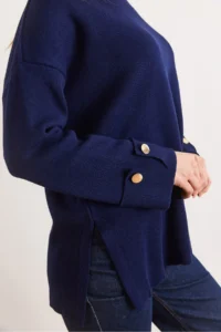 Olalook Women's Navy Blue Cufflinks Slit Knitwear Sweater - Image 5