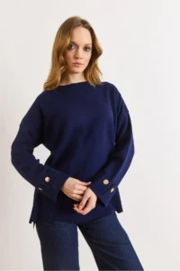 Olalook Women's Navy Blue Cufflinks Slit Knitwear Sweater - Image 6