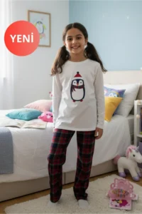 DOFİ Girl's Winter Plaid Pajama Set - Penguin Printed, Crew Neck, Tube Legs