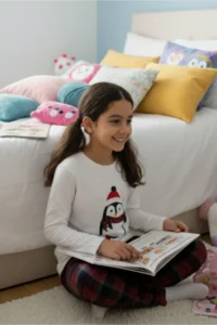 DOFİ Girl's Winter Plaid Pajama Set - Penguin Printed, Crew Neck, Tube Legs - Image 2