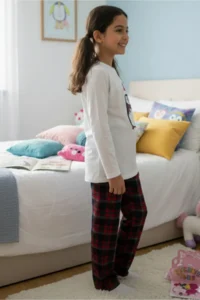 DOFİ Girl's Winter Plaid Pajama Set - Penguin Printed, Crew Neck, Tube Legs - Image 3