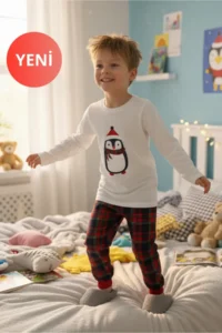 DOFİ Boy's Winter Plaid Pajama Set - Penguin Printed, Crew Neck, Cuffed Legs