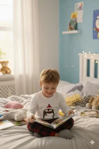 DOFİ Boy's Winter Plaid Pajama Set - Penguin Printed, Crew Neck, Cuffed Legs - Image 2