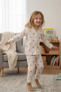 DOFİ Girl's Teddy Bear Patterned Aerobin Pajama Set – Brown, Polka Dots, Stylish and Comfortable