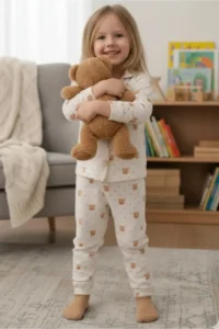 DOFİ Girl's Teddy Bear Patterned Aerobin Pajama Set – Brown, Polka Dots, Stylish and Comfortable - Image 2