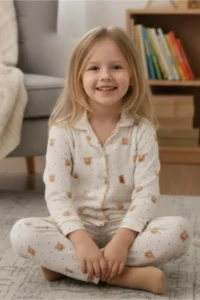 DOFİ Girl's Teddy Bear Patterned Aerobin Pajama Set – Brown, Polka Dots, Stylish and Comfortable - Image 3