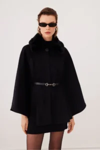 SevdeUgur Women's Belted Stash Poncho Black with Fur Collar - Sevde Ugur