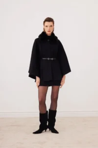 SevdeUgur Women's Belted Stash Poncho Black with Fur Collar - Sevde Ugur - Image 2