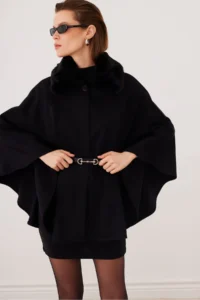 SevdeUgur Women's Belted Stash Poncho Black with Fur Collar - Sevde Ugur - Image 3