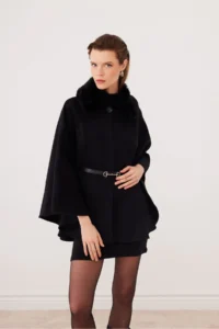 SevdeUgur Women's Belted Stash Poncho Black with Fur Collar - Sevde Ugur - Image 4