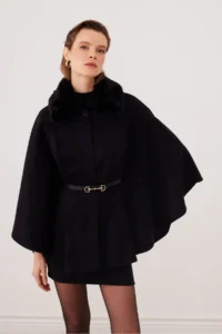 SevdeUgur Women's Belted Stash Poncho Black with Fur Collar - Sevde Ugur - Image 5