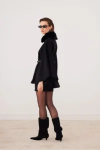 SevdeUgur Women's Belted Stash Poncho Black with Fur Collar - Sevde Ugur - Image 6