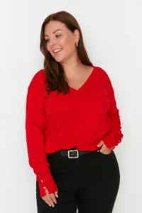 Trendyol Curve Red V-neck Button Detailed Knitwear Sweater - Image 4