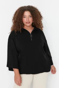 Trendyol Curve Black Polo Shirt Collar Zipper Detailed Knitwear Sweater