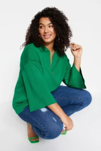 Trendyol Curve Green Polo Shirt Collar Zipper Detailed Knitwear Sweater - Image 2