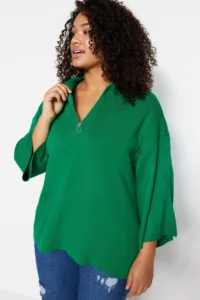 Trendyol Curve Green Polo Shirt Collar Zipper Detailed Knitwear Sweater - Image 3