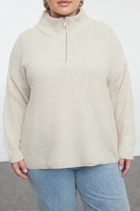 Trendyol Curve Stone Zippered Polo Shirt Collar Knitwear Sweater - Image 3