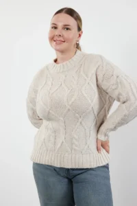 Trendyol Curve Beige Glitter Braided Knitwear Sweater - Image 2
