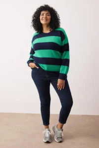 Trendyol Curve NAVY BLUE Green Striped Crew Neck Knitwear Sweater - Image 2