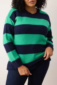 Trendyol Curve NAVY BLUE Green Striped Crew Neck Knitwear Sweater - Image 3
