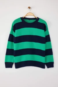 Trendyol Curve NAVY BLUE Green Striped Crew Neck Knitwear Sweater - Image 5