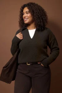 Trendyol Curve Brown Polo Shirt Collar Soft Feeling Crop Knitwear Sweater