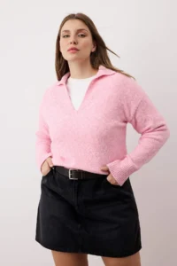 Trendyol Curve PINK Polo Shirt Collar Soft Feeling Crop Knitwear Sweater