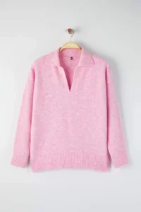Trendyol Curve PINK Polo Shirt Collar Soft Feeling Crop Knitwear Sweater - Image 5
