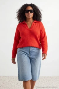 Trendyol Curve Red Polo Shirt Collar Soft Feeling Crop Knitwear Sweater