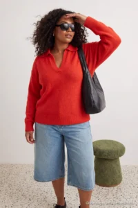 Trendyol Curve Red Polo Shirt Collar Soft Feeling Crop Knitwear Sweater - Image 4