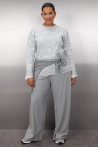 Trendyol Curve Gray Heart Patterned Knitwear Sweater