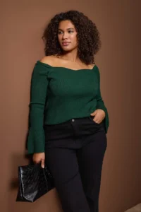 Trendyol Curve Emerald Green Ribbed Carmen Collar Knitwear Sweater - Image 2