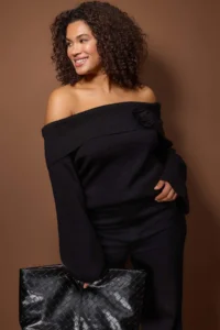 Trendyol Curve Black Carmen Collar Flower Detailed Knitwear Sweater - Image 2