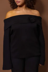 Trendyol Curve Black Carmen Collar Flower Detailed Knitwear Sweater - Image 3