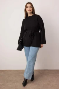 Trendyol Curve Black Beli Belted LONG Knitwear Sweater
