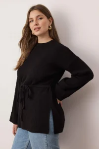 Trendyol Curve Black Beli Belted LONG Knitwear Sweater - Image 2