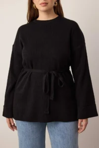 Trendyol Curve Black Beli Belted LONG Knitwear Sweater - Image 3