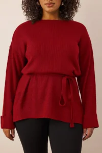 Trendyol Curve Red Beli Belted LONG Knitwear Sweater - Image 3