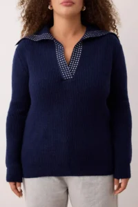 Trendyol Curve NAVY BLUE Turndown collar Stone Detailed Knitwear Sweater - Image 3