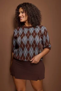 Trendyol Curve Brown Baklava Patterned Soft Touch Knitwear Sweater