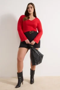 Trendyol Curve Red V-neck Basic Thin Knitwear Sweater