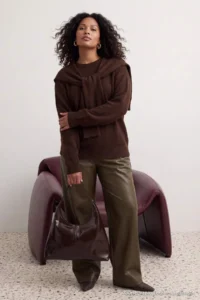 Trendyol Curve Brown Soft textured Shawl Knitwear Sweater